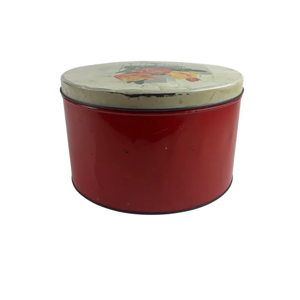 Vintage 50s Metal Tin Round Floral Cart Of Roses Decorative Storage Container